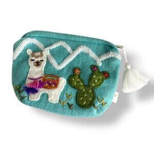Wool Llama & Cactus Handmade in Peru Makeup Travel Cosmetics Bag Turquoise